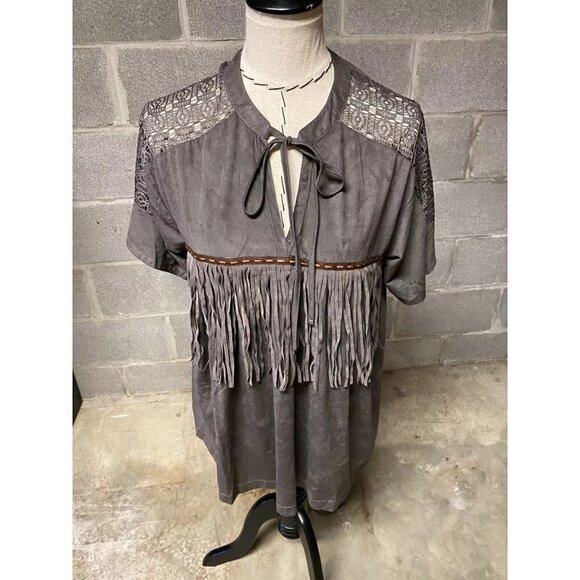 Umgee Sz M Faux Suede Leather Suede Fringed Top Blouse Indian Aztec Boho - Picture 3 of 7